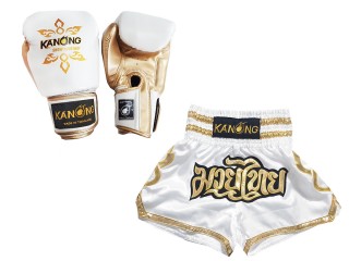 Gants Muay Thai et Short Muay Thai Personnalisé assortis: Modèle 121 Blanc