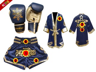 Ensemble de gants de Muay Thai + short personnalisé + peignoir personnalisé pour enfants : Modèle 121 Bleu marin