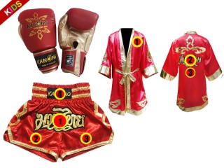 Ensemble de gants de Muay Thai + short personnalisé + peignoir personnalisé pour enfants : Modèle 121 Rouge