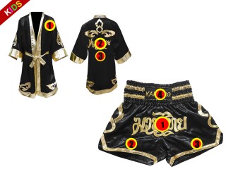 Peignoir de Boxe Thai + Short Muay Thai Personnalisé Enfants : Modèle 121 Noir