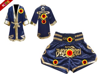 Peignoir de Boxe Thai + Short Muay Thai Personnalisé Enfants : Modèle 121 Bleu marin