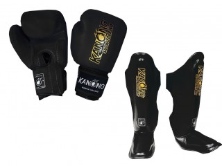 Gants + Protege Tibias Muay Thai KANONG : Noir