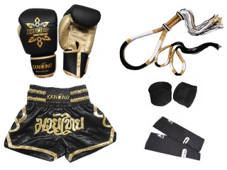 Gants de boxe et short de Muay Thaï avec équipement : Set-121-Noir