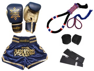 Gants de boxe et short de Muay Thaï avec équipement : Set-121-Bleu marine