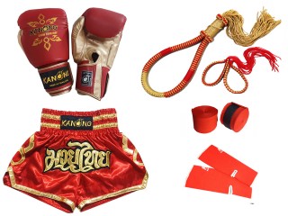 Gants de boxe et short de Muay Thaï avec équipement : Set-121-Rouge