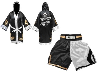 Peignoir de Boxe + Short Boxe Personnalisé : KNCUSET-105-Noir-Blanc