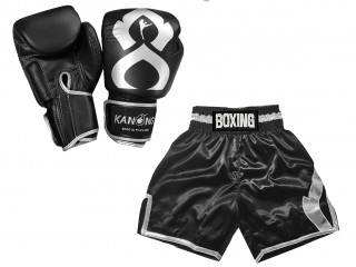 Gants Muay Thai cuir et Shorts Boxe Anglaise Personnalisé : KNCUSET-201-Noir-Argent