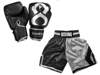 Gants Muay Thai cuir et Shorts Boxe Anglaise Personnalisé : KNCUSET-202-Noir-Argent