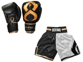 Gants Muay Thai cuir et Shorts Boxe Anglaise Personnalisé : KNCUSET-202-Noir-blanc