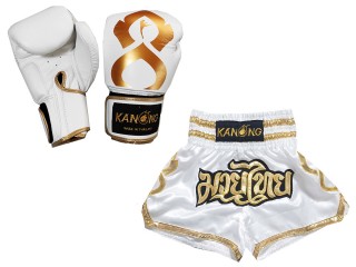 Gants Muay Thai cuir et Short Muay Thai Personnalisé assortis: Set-121-Thaikick-Blanc