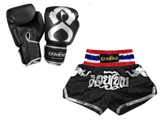 Gants Muay Thai cuir et Short Muay Thai Personnalisé assortis: Set-125-Gloves-Thaikick-noir