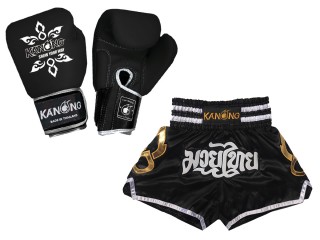 Gants Muay Thai cuir et Short Muay Thai Personnalisé assortis: Set-143-Gloves-Noir