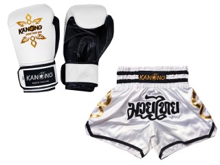 Gants Muay Thai cuir et Short Muay Thai Personnalisé assortis: Set-143-Gloves-Blanc