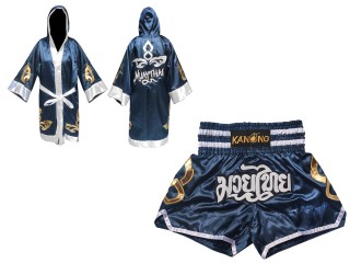 Peignoir de Boxe + Short Muay Thai Personnalisé : Set-143-Marine