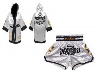 Peignoir de Boxe + Short Muay Thai Personnalisé : Set-143-Blanc