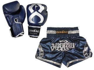 Gants Muay Thai cuir et Short Muay Thai Personnalisé assortis: SSet-144-Gloves-Marine