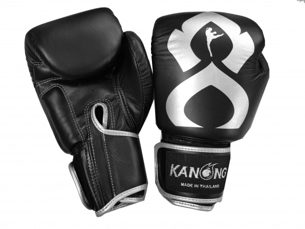 Gants Boxe cuir ,Gant de Boxe en cuir de Kanong Thai Kick : Noir/Argent