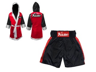 Peignoir de Boxe + Short Boxe Personnalisé : KNCUSET-104-Noir-Rouge