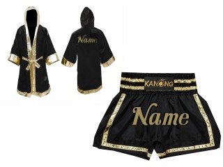 Peignoir de Boxe + Short Muay Thai Personnalisé : Set-140-Noir-Or