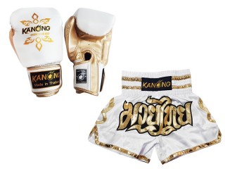 Gants Muay Thai et Short Muay Thai Personnalisé assortis: Modèle 121 Blanc