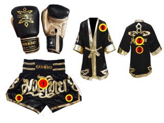 Ensemble de gant de Boxe Thai + short personnalisé + peignoir personnalisé: : Modèle 121 Noir