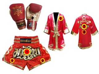 Ensemble de gant de Boxe Thai  + short personnalisé + peignoir personnalisé: : Modèle 121 Rouge