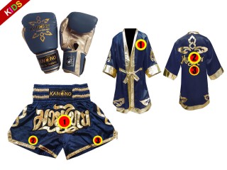 Ensemble de gants de Muay Thai + short personnalisé + peignoir personnalisé pour enfants : Modèle 121 Bleu marin