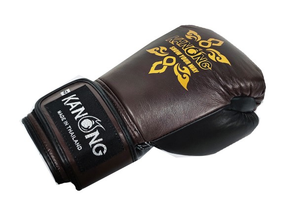 Kanong Gants Boxe + Protège-tibias Boxe Thaï cuir véritable : Brun/Noir