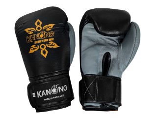 Gants Boxe Muay Thai en cuir de Kanong : Noir/Gris