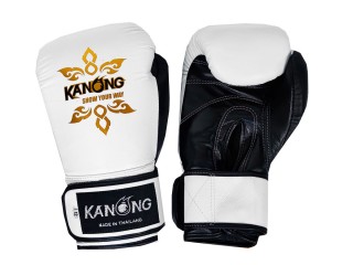 Gants Boxe Muay Thai en cuir de Kanong : Blanc/Noir